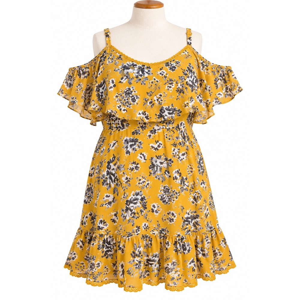Torrid Mustard Yellow Floral Cold Shoulder Ruffle Mini Dress Plus Size 2 2X